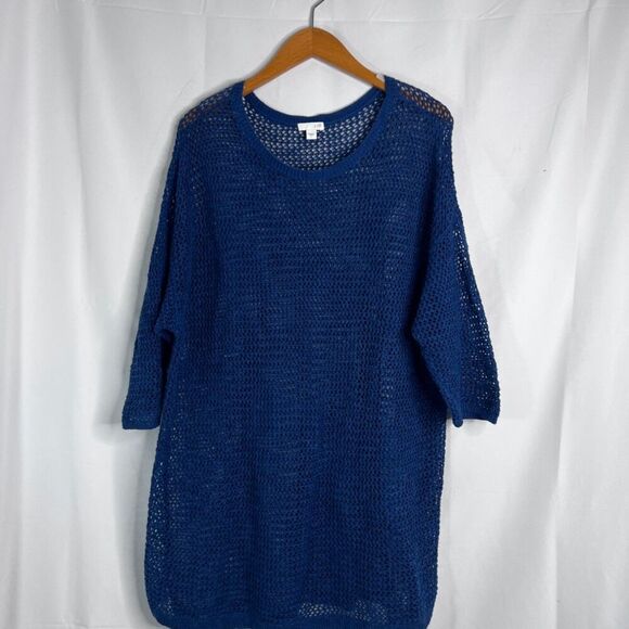 J Jill Blue Linen Blend Open Weave Knit Pullover Drop Sleeve Tunic Top Sz Large - Picture 2 of 11